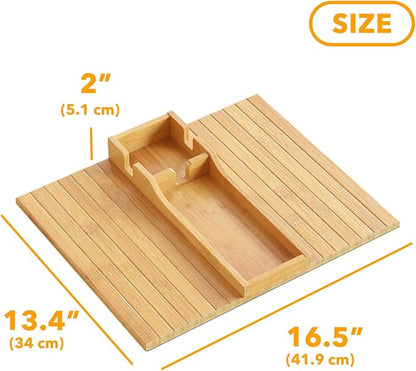 SpaceAid Bamboo Couch Cup Holder, Anti Falling Foldable Sofa Armrest Tray with Cup Holder, Couch Arm Side Table Organizer for Drink Cup Remote Snacks (Natural)