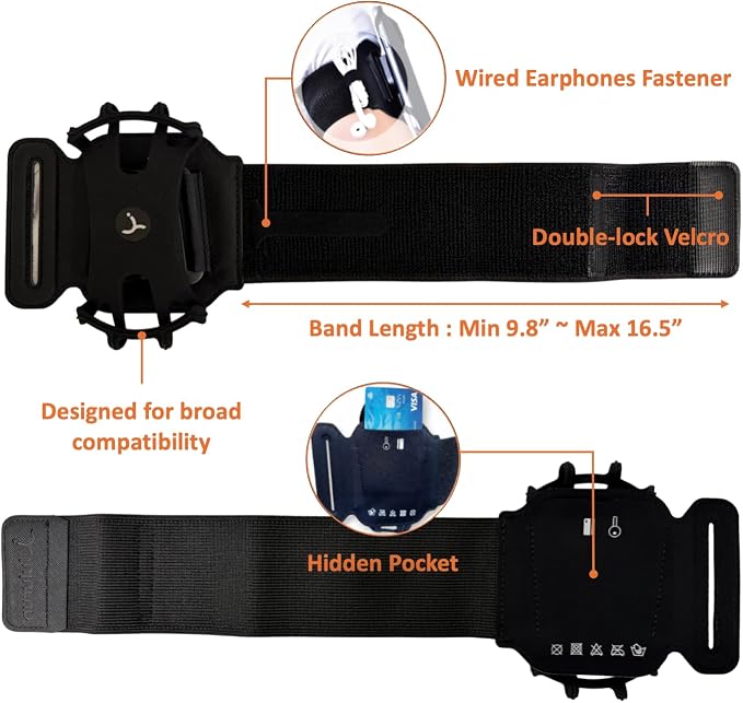 Running Armband Phone Holder 360°Rotatable for iPhone 17/16/15/14/13 Pro Max Plus Samsung Galaxy S25/S24/S23 with Card Pocket for Gym Workout Exercising Hiking Cycling Walking Jogging
