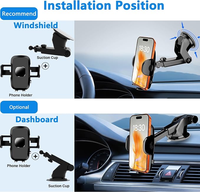 Car Phone Holder [2026 Updated Suction Cup] Long Arm 360°Rotation Phone Mount for Car Windshield Compatible with iPhone 17 Pro Max and Most Smartphones (Black)