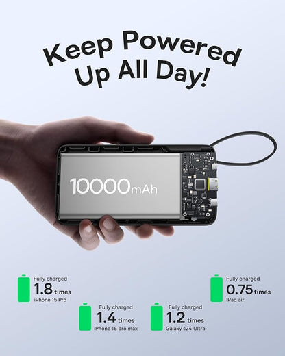 Baseus Portable Charger, 10000mAh Fast Charging Power Bank, 22.5W PD3.0 QC3.0 Battery Pack Built-in USB C Braided Cable, Travel Essentials for iPhone 17 16 15, iPad, S25/S24, Indoor/Outdoor, Travel