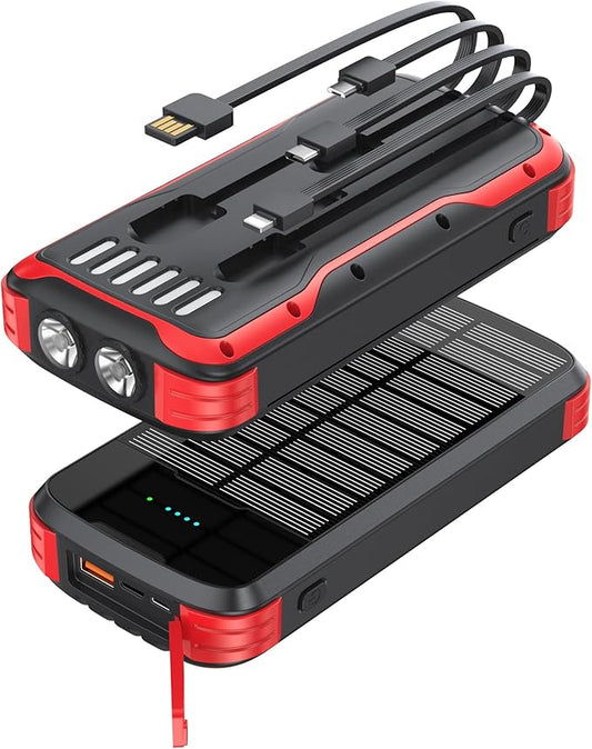 Solar Charger Power Bank, 40000mAh Portable Charger PD 20W Fast Charging Solar Power Bank Built in 4 Cables and USB-C in/Output, Camping Essentials External Battery Pack with Flashlights