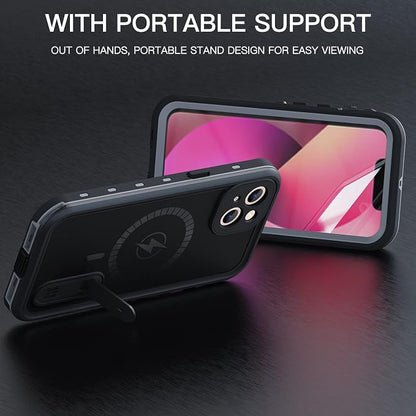 Omio for iPhone 13 Waterproof Case Compatible with MagSafe, Magnetic Full Body IP68 Shell with Built-in Screen Protector Military Grade Shockproof Cover with Stand for Men Women Black