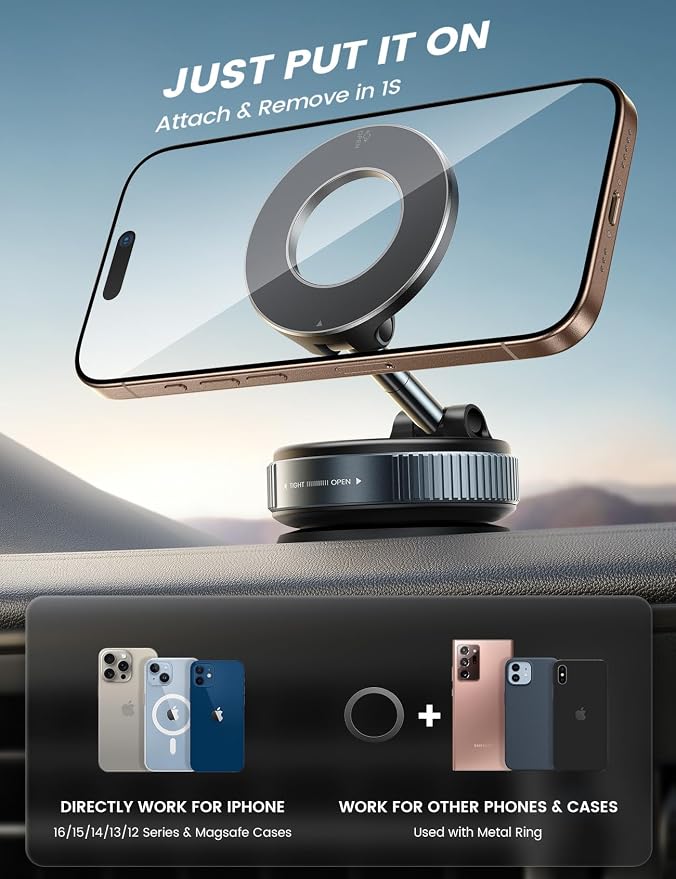 Lamicall Car Phone Holder - [70 LBS Strongest Suction] for Magsafe Car Mount, 360° Adjustable Suction Cup Phone Mount Dashboard Windshield Vacuum Magnetic Phone Holder for Car fit iPhone 17Pro Max Kit