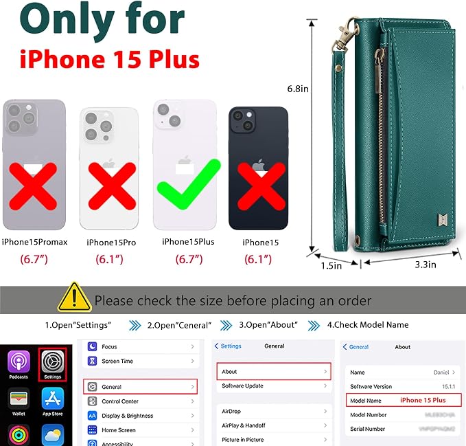 Wallet Case for iPhone 15 Plus with Card Holder/Crossbody Wallet/Strap| RFID Blocking | Magnetic | Kickstand | Detachable | PU Leather Phone Case for iPhone 15 Plus,6.7 in,Green