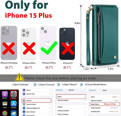 Wallet Case for iPhone 15 Plus with Card Holder/Crossbody Wallet/Strap| RFID Blocking | Magnetic | Kickstand | Detachable | PU Leather Phone Case for iPhone 15 Plus,6.7 in,Green