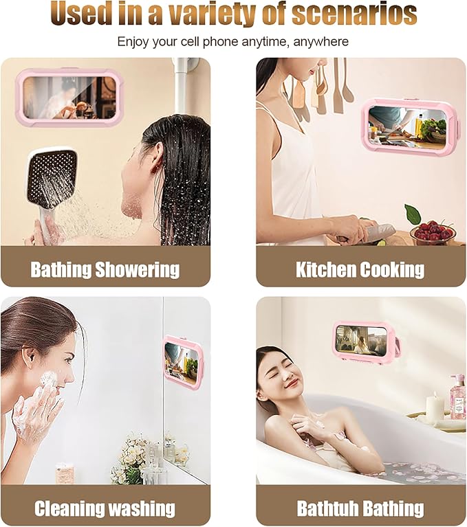 360° Rotatable Retractable Adjustable Shower Phone Case Holder,Anti-fog HD & sensitive screen ,Wall Mounted Phone Holder for Bathroom Mirror Bathtub Kitchen,Shower Accessories for 4-7" Phones (pink)