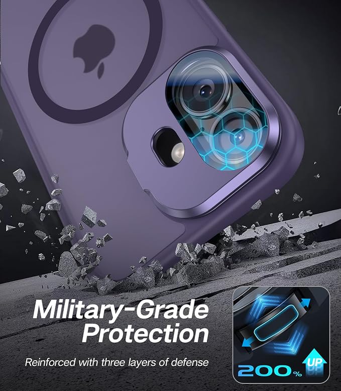 [Upgraded] for iPhone 16 Case with Camera Cover Stand [Fit for MagSafe][9H Camera Lens Protector] Mil-Grade Protection Translucent Matte Silicone Magnetic iPhone 16 Phone Case, Purple
