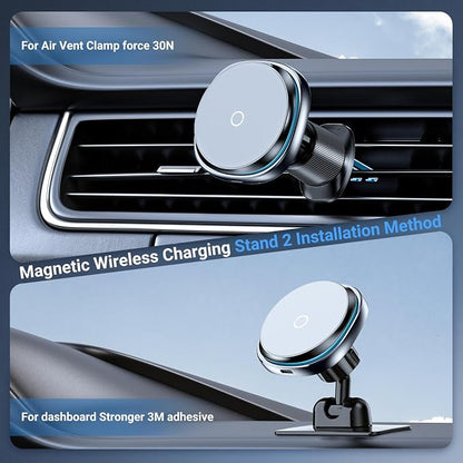 This Hill 15W Fast Magnetic Car Phone Mount - 2-in-1 Dashboard/Air Vent Mount with 360° Rotation & Secure Double Hook Clip, Compatible with MagSafe Case, iPhone, Samsung & More
