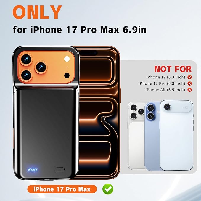 Battery Case for iPhone 17 Pro Max (6.9 inch), 2026 Upgraded High Capacity 13800mAh Battery Pack Rechargeable Charger External Charging Case with Tempered Glass Screen Protector Black