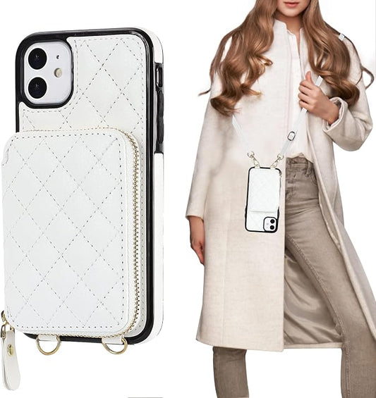 Bocasal Crossbody Wallet Case for iPhone 11, RFID Blocking PU Leather Zipper Handbag Purse Flip Cover, Kickstand Folio Case with Card Slots Holder Wrist Strap Lanyard 6.1 Inch (White)