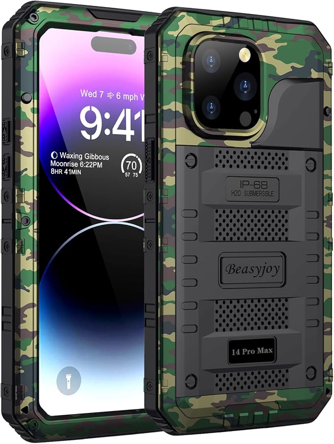 Beasyjoy for iPhone 14 Pro Max Waterproof Case, Metal Heavy Duty Case with Built-in Screen Protector, Full Body Protective Military Grade Shockproof Dustproof Defender Rugged Case 6.7 Inch, Camo