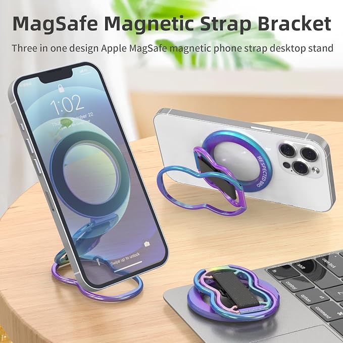 RESPECTED-BRO-Magnetic-Phone-Grip-Stand-with-Finger-Strap, 4-in-1 Magnetic Ring Holder, Kickstand and Elastic Strap for Phones, Universal Fit for iPhone 17/16/15/14/13/12, Android and Cases (Colorful)