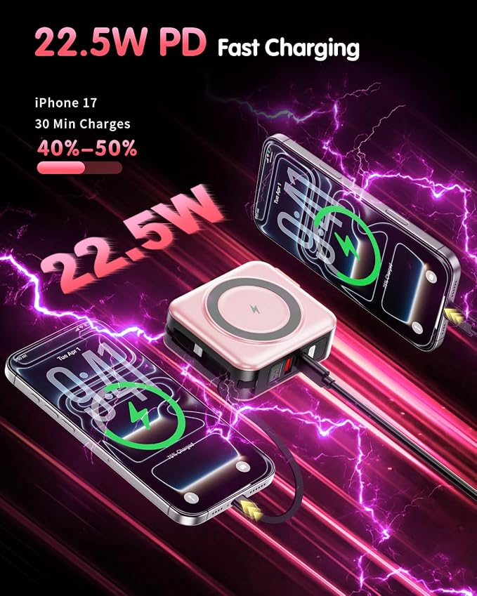 10000mAh for Magsafe Portable Charger Built-in Cables & AC Wall Plug,Pink | 6-in-1,PD 22.5W USB C Fast Charging,15W Magnetic Wireless Charging,Charge 5 devices at once,LED Display Travel Power Bank