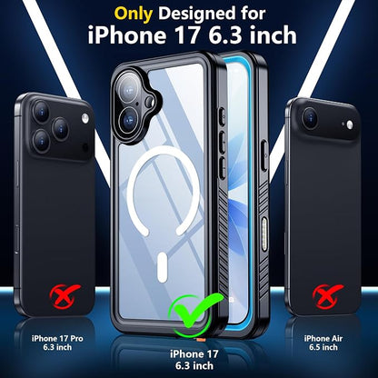 SPIDERCASE Magnetic for iPhone 17 Case- [Compatible with Magsafe] [IP68 Underwater] 15FT Military Grrade Shockproof Full Body Sealed Drop Protection with Lanyard for iPhone 17 6.3"-Blue/Clear