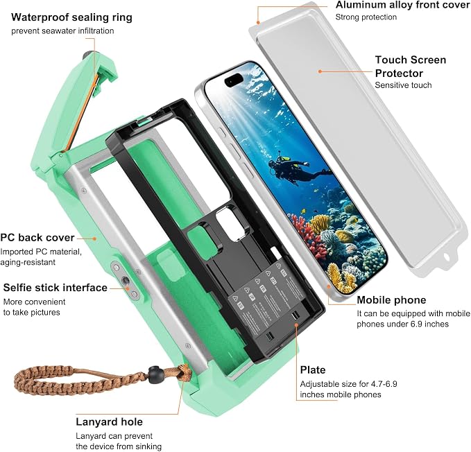 Underwater Phone Case for Snorkeling & Diving (50ft/15m), IP68 Waterproof Case for Swimming, Universal Underwater Touch Screen Case Compatible with iPhone (Blue+Silver, 5th Generation Phone Case)