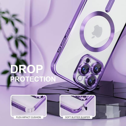 Misea Magnetic for iPhone 16 Pro Max Case Compatible with MagSafe [Never Yellowing] [Military Grade Drop Protection] Full Camera Lens Protector Plating Soft Clear Phone Case for Women 6.9", Purple