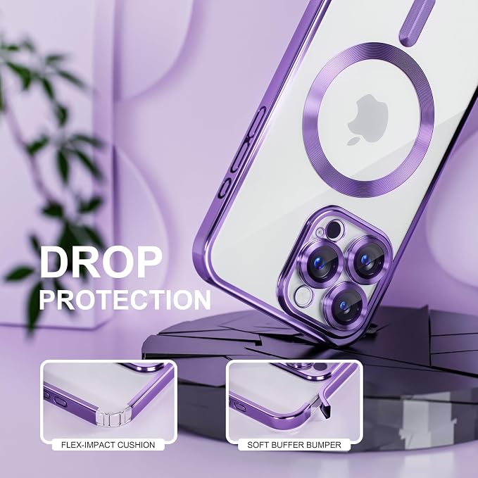 Misea Magnetic for iPhone 16 Pro Case Compatible with MagSafe [Never Yellowing] [Military Grade Drop Protection] Full Camera Lens Protector Plating Soft Clear Phone Case for Women 6.3", Purple