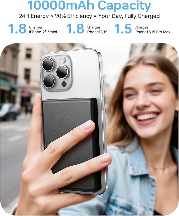 10,000mAh for MagSafe Power Bank Ultra Slim, Magnetic Wireless Charger with USB-C Cable, Fast Charging Portable Battery for iPhone 17/16/15/14/13/12 Series, All-Metal Design, Black