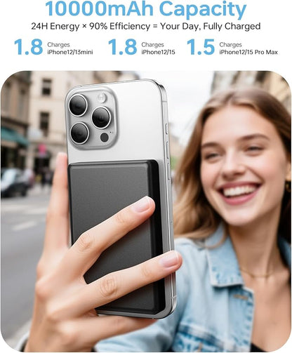 10,000mAh for MagSafe Power Bank Ultra Slim, Magnetic Wireless Charger with USB-C Cable, Fast Charging Portable Battery for iPhone 17/16/15/14/13/12 Series, All-Metal Design, Black