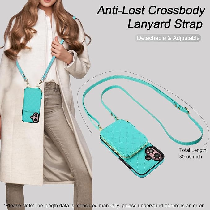 Bocasal Crossbody Wallet Case for iPhone 16, RFID Blocking PU Leather Zipper Handbag Purse Flip Cover, Kickstand Folio Case with Card Slots Holder Wrist Strap Lanyard 5G 6.1 Inch (Mint Green)