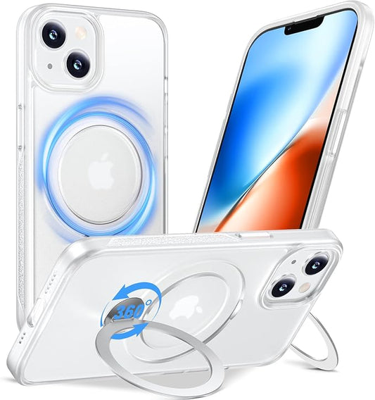 Anqrp 360° All-in-ONE Stand Case for iPhone 14/13 Case with Rotatable Magnetic Kickstand Ring Holder, Compatible with Mag-Safe, MIL-Grade Shockproof iPhone 14/13 Phone Case Cover, Mist Matte Clear