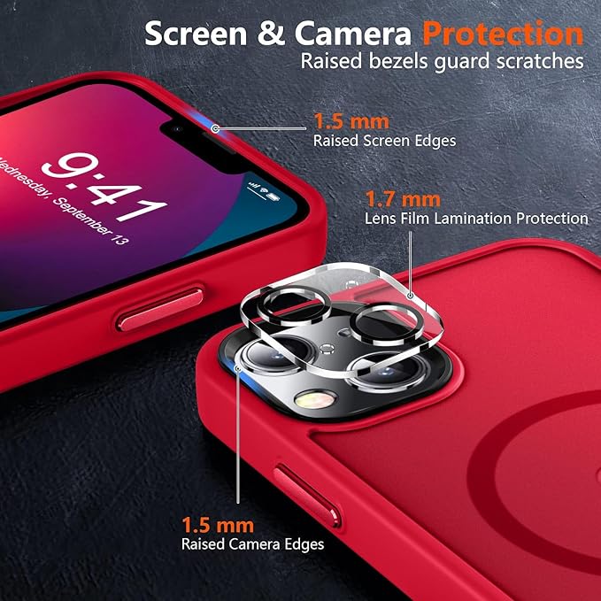 MOCCA Strong Magnetic for iPhone 13 Case, [Compatible with Magsafe][Screen Protector+Camera Lens Protector] Translucent Matte Back Slim Shockproof Case for iPhone 13 Phone Case 6.1", Red