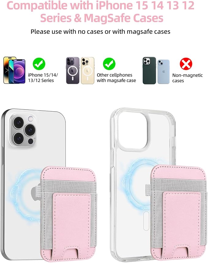 For Magsafe Wallet, Strongest Magnetic Wallet for iPhone 17/16/15/14/13/12 Series, for Magsafe Card Holder with 2 Card Slots, Magnetic Card Holder, RFID Blocking, Vegan Leather, Fit 7 Cards, Pink