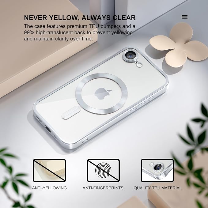 Misea Magnetic for iPhone 17e / 16e Case Compatible with MagSafe [Never Yellowing] [Military Grade Drop Protection] Full Camera Lens Protector Plating Soft Clear Phone Case for Women 6.1 inch, Silver
