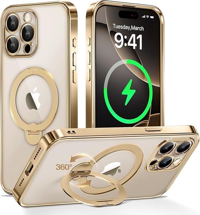 GolbinBox for iPhone 15 Pro Max Case with 360° Spin Magnetic Stand,[Compatible with Magsafe] [Military Protection][Built-in Ring Holder] Shockproof Phone Case for 15 Pro Max, Gold/Clear
