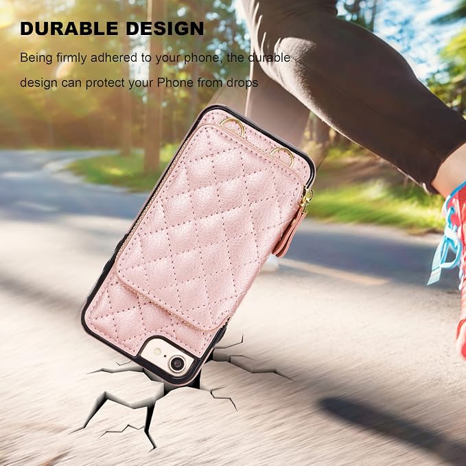 Bocasal Crossbody Wallet Case for iPhone SE 2022/SE 2020/8/7, RFID Blocking Leather Zipper Handbag Purse Flip Cover, Kickstand Folio Case with Card Slot Holder Wrist Strap Lanyard 4.7 Inch (Rose Gold)