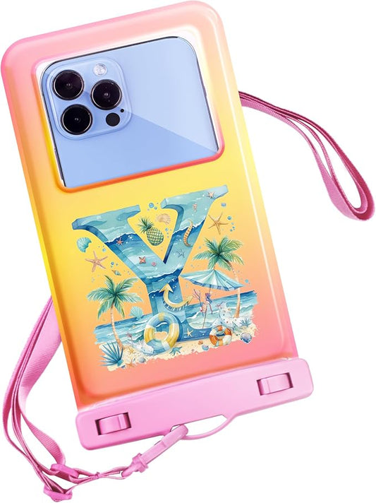 Personalized Initial Waterproof Phone Pouch Case - IPX8 Cellphone Dry Bag with Lanyard for iPhone 16/15/14/13/12 Pro Max (6.1–6.9"), Beach & Cruise Ship Essentials with Monogrammed Design (Pink, Y)