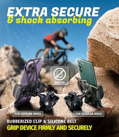 Metal Bike & Motorcycle Phone Mount for Any Smartphone (iPhone 16 Pro Max/e, Galaxy S25). Unbreakable Handlebar Cell Phone Holder for Bike, Scooter, Bicycle Phone Mount. x10 to Safeness & Comfort