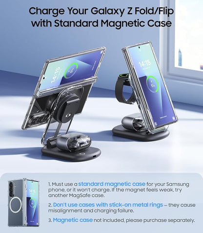3 in 1 Magnetic Wireless Charging Station for Samsung, Foldable MagSafe Charger Stand with Switchable Night Light for Galaxy S26/S25/Z Fold/Z Flip, Watch Charger for Galaxy Watch Ultra/8/7/6, for Buds