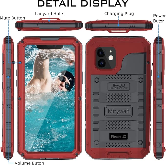 Mitywah Waterproof Case for iPhone 12, Heavy Duty Shockproof Case with Built-in Screen Protector, Full Body Underwater Protective Metal Case 6.1 inch, Red