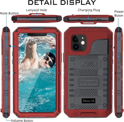 Mitywah Waterproof Case for iPhone 12, Heavy Duty Shockproof Case with Built-in Screen Protector, Full Body Underwater Protective Metal Case 6.1 inch, Red