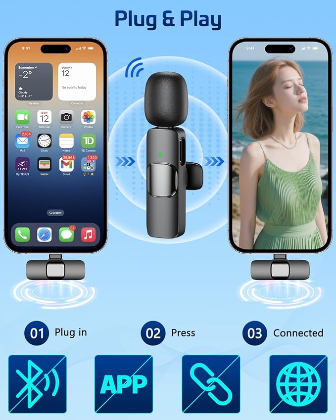 Wireless Lavalier Lapel Microphone for iPhone – Mini Bluetooth Mic with Reverb, Portable Clip-on Mic for Video Recording, Vlogging, Podcast, Interviews, TikTok, YouTube