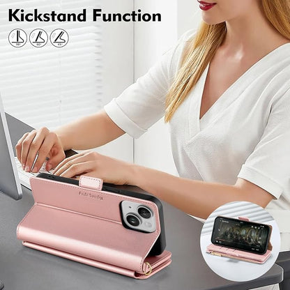 Antsturdy Compatible with iPhone 15 Wallet Case Card Holder【RFID Blocking】 PU Leather Phone Case Women Men flip Protective Cover Wrist Strap Zipper Credit Card Slots,for Apple 15 6.1",Rose Gold