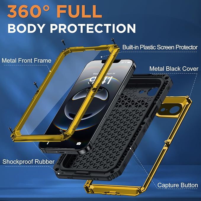 Beasyjoy for iPhone 16e Case/iPhone 17e Case Waterproof, Metal Heavy Duty Full Body Protective Case with Built-in Screen Protector, Military Grade Shockproof Cover for iPhone 16e/17e 6.1", Yellow