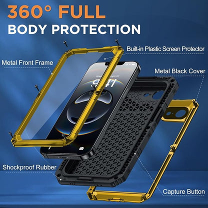 Beasyjoy for iPhone 16e Case/iPhone 17e Case Waterproof, Metal Heavy Duty Full Body Protective Case with Built-in Screen Protector, Military Grade Shockproof Cover for iPhone 16e/17e 6.1", Yellow