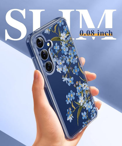 GVIEWIN for Samsung Galaxy S25 Plus Case, Clear Floral Slim Shockproof Protective Women Phone Case, Non-Yellowing, with Screen Protector & Camera Lens Protector for S25 Plus 6.7", Aconite/Blue