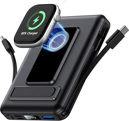 Magnetic Portable Charger, 10000mAh Wireless Power Bank for iPhone with Built-in Cables, 20W Fast Charging for Magsafe Battery Pack with Stand for iPhone Air/17/16/15/14/13/12 and Apple Watch