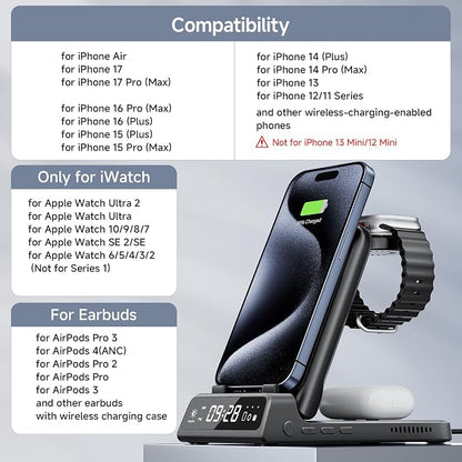 Charging Station for iPhone 17/Air, SwanScout 703A, Wireless Charger for iPhone 16/15/14/13/12/11 Series, for Apple Watch 11/10/Ultra 3/9/8/7/6/5/SE 2, for Airpods Pro 3/2, Foldable and Portable