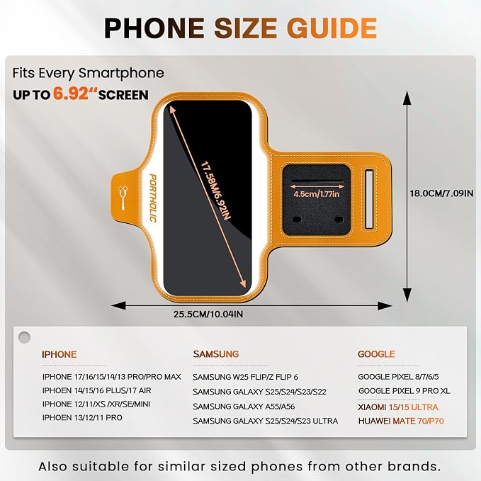 PORTHOLIC 2026 Running Armband Water Resistant Sports Phone Holder Case with Extension Strap,Card Slot Up to 6.9" Phone for iPhone 17/16/15/14/13 Plus Air Pro Max XR/XS, Galaxy S25/24/S10