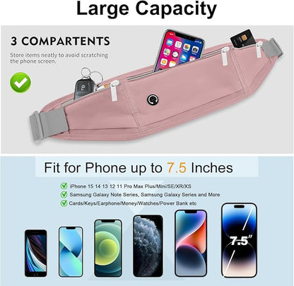 Running Belt Fanny Pack for Women，Water Resistant Large Capacity Waist Pack for iPhone 16 15 14 13 Samsung，Lightweight Running Phone Holder，Slim Money Belt Running Pouch for Hiking Outdoor Pink