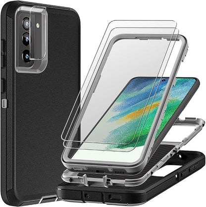 for Samsung Galaxy S21 FE Case with 2Pcs Screen Protector and 1Pcs Camera Lens Protector, Military Grade Heavy Duty Shockproof/Drop Proof/Dust Proof Case (Black/Grey)