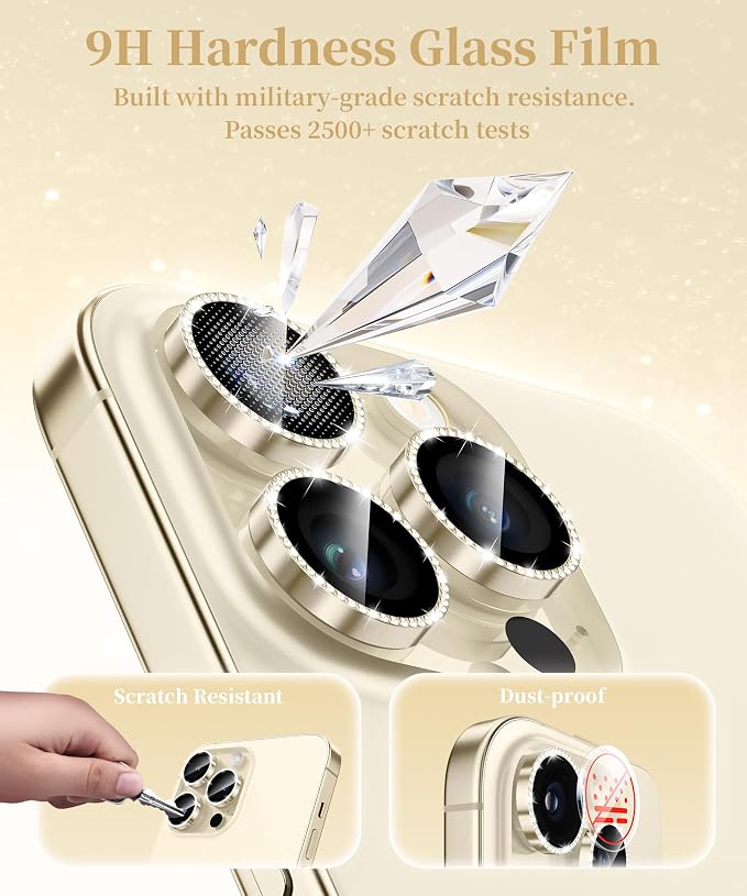 GolbinBox Camera Lens Protector for iPhone 14 Pro/14 Pro Max, 1:1 Invisible Fit, 9H Tempered Glass Ultra HD Metal Individual Camera Cover for Women, Case Friendly, Bling/Gold