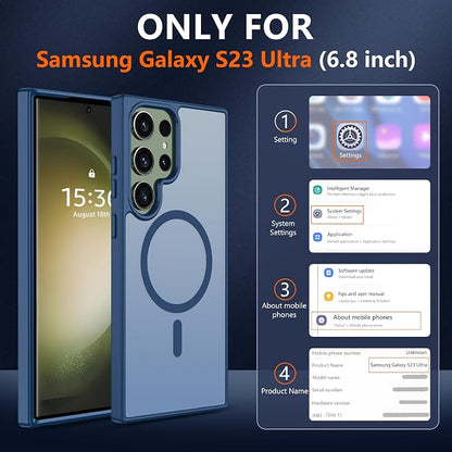 For Samsung Galaxy S23 Ultra Case [Compatible with Magsafe] Translucent Matte Magnetic Phone Case,Slim Thin Duty Shockproof Protection Cover with 2pc Screen Protector Case for S 23 Ultra-Dark blue