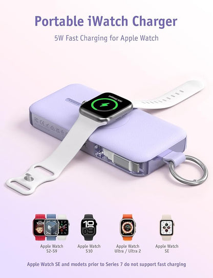 RORRY CharmGo Portable Charger 3 in 1 30W Fast Charging Power Bank 12000mAh | Built-in Retractable Cable, Keychain Design, for iPhone/iWatch/iPad/Airpods,2 USB-C Cables,Purple