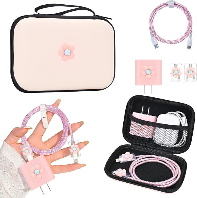 CameCosy DIY Phone Charger Case Storage Sets Cable Protector Earphone Wire Saver with Lovely Travel Storage Bag, Cute Cable Charger Protector Cord Organizer for iPhone (Pink Flower)
