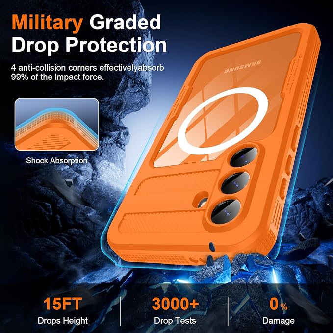 GOLDJU for Samsung Galaxy S26 Plus Case Waterproof, S26 Plus Case with Built-in Screen & Lens Protector, Shockproof Full Body Protection Phone Case, Compatible with MagSafe/Wireless Charging, Orange